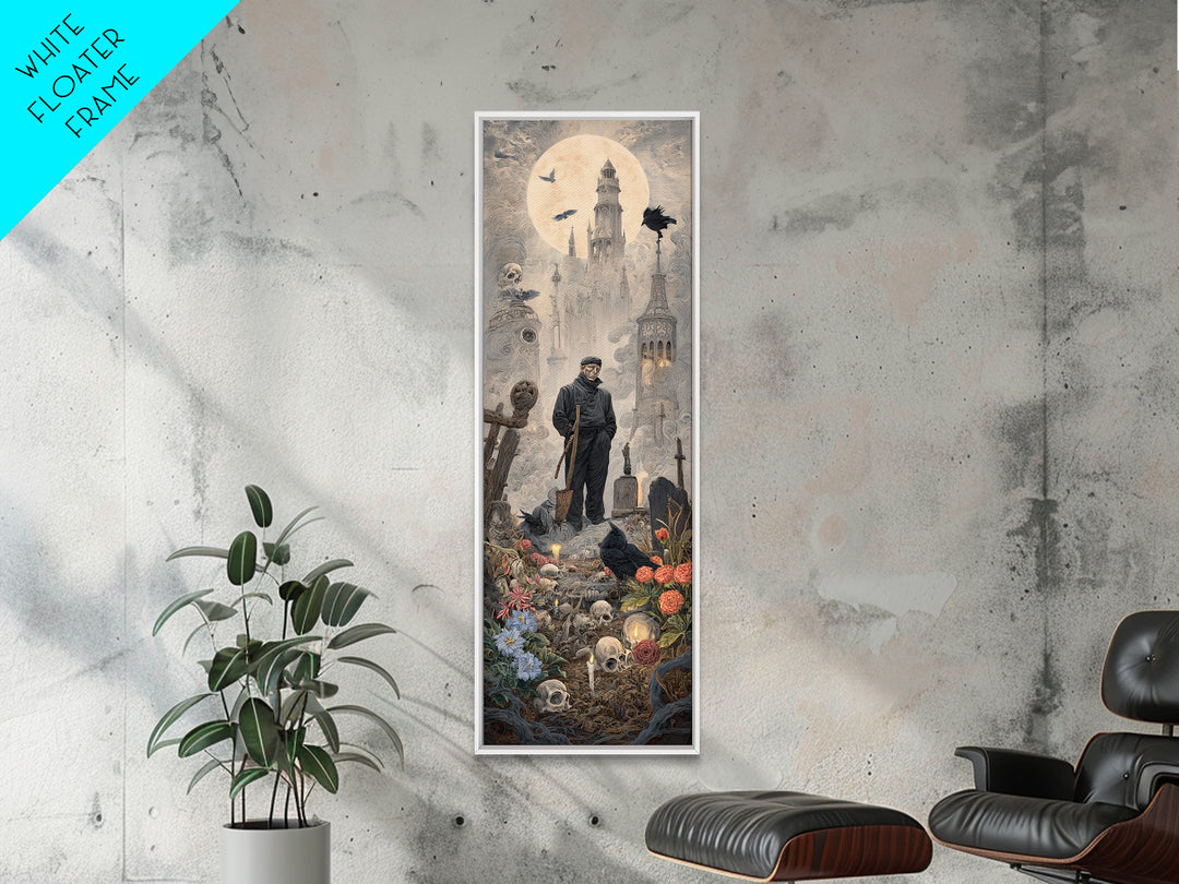 The Graveyard Gardener, Surreal Apocalyptic Art, Tall Narrow Wall Art, Dark Halloween Decor, Canvas Print, Halloween Wall Art