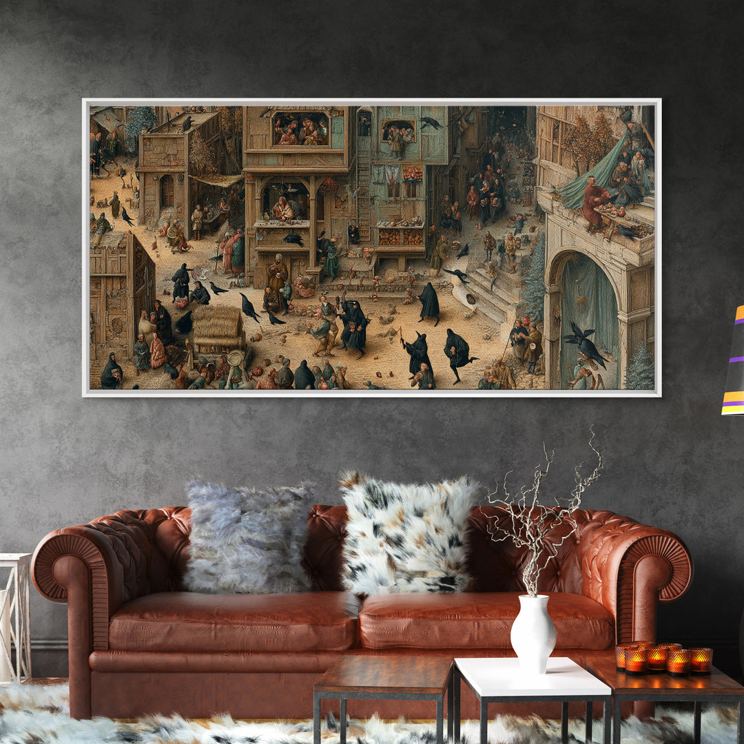 The Crow-Masked Assassin, Northern Renaissance Horror, Wide Panoramic Art, Macabre Wall Art, Framed Canvas Print