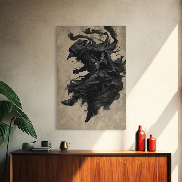 The Crow-Masked Assassin, Dark Romantic Horror Art, Vertical Wall Art, Dark Halloween Decor, Framed Canvas Print, Halloween Wall Art