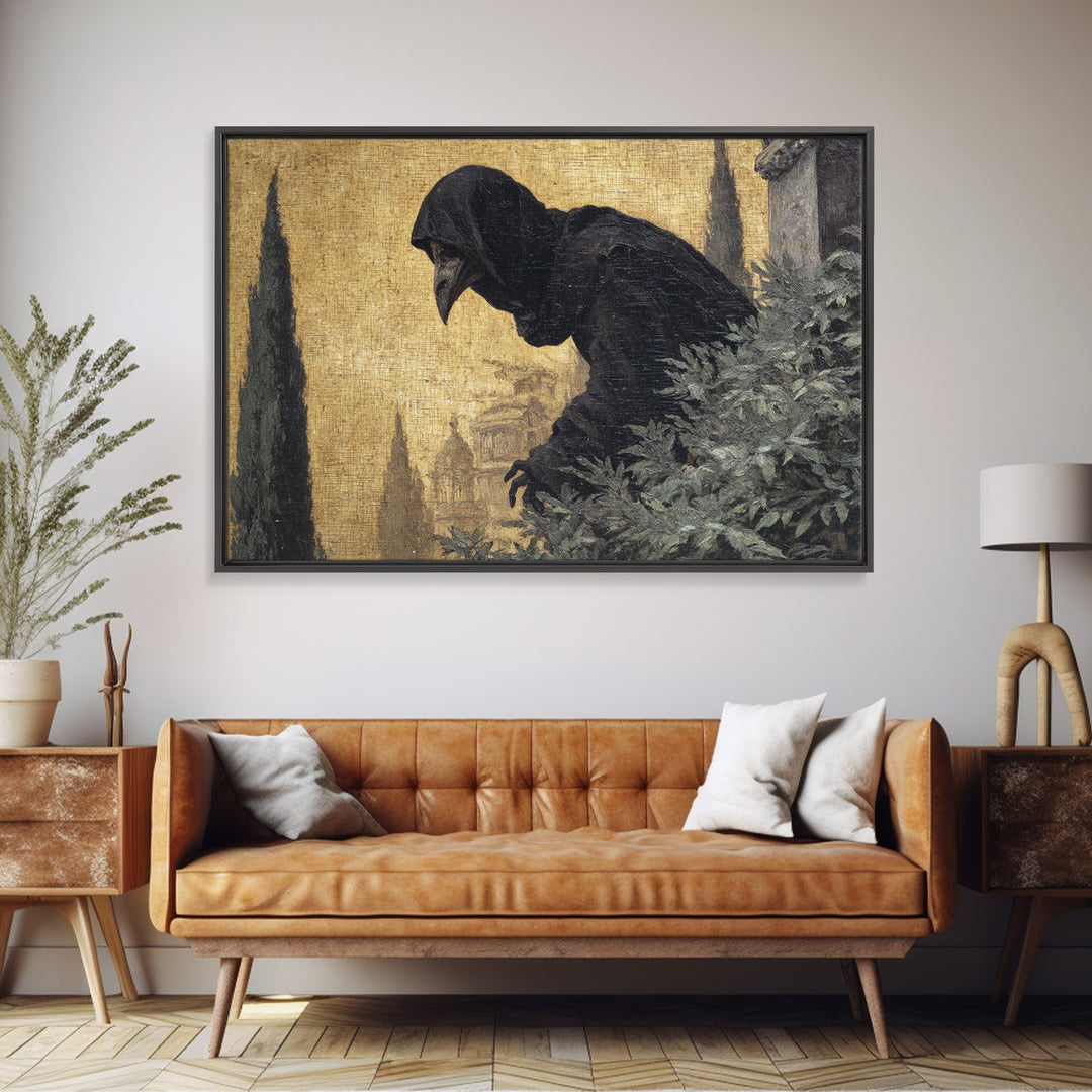 The Crow-Masked Assassin, Symbolist Gothic Landscape, Landscape Wall Art, Dark Halloween Decor, Framed Canvas Print, Halloween Wall Art