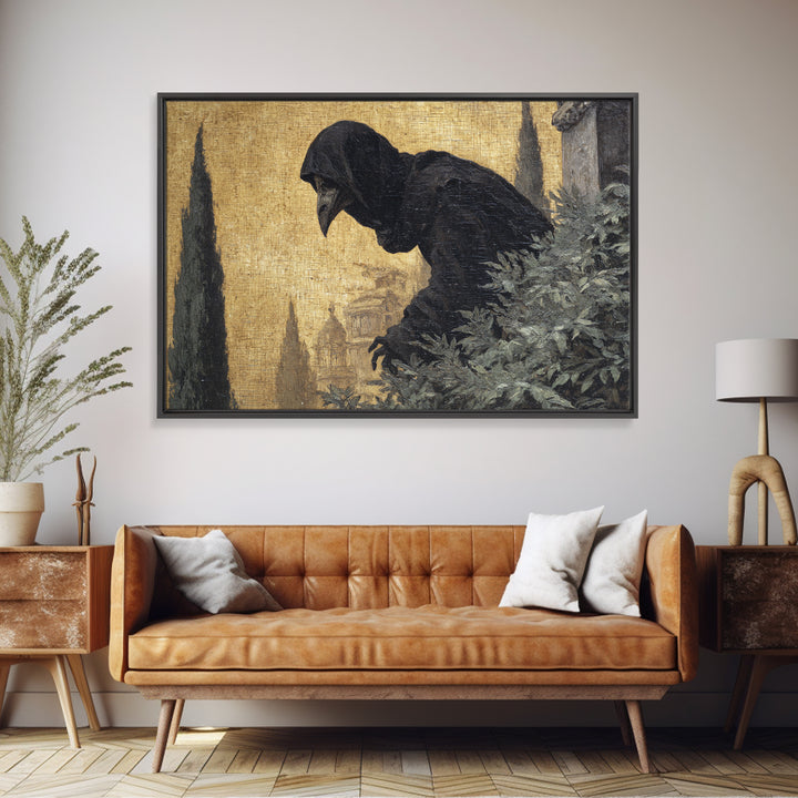 The Crow-Masked Assassin, Symbolist Gothic Landscape, Landscape Wall Art, Dark Halloween Decor, Framed Canvas Print, Halloween Wall Art