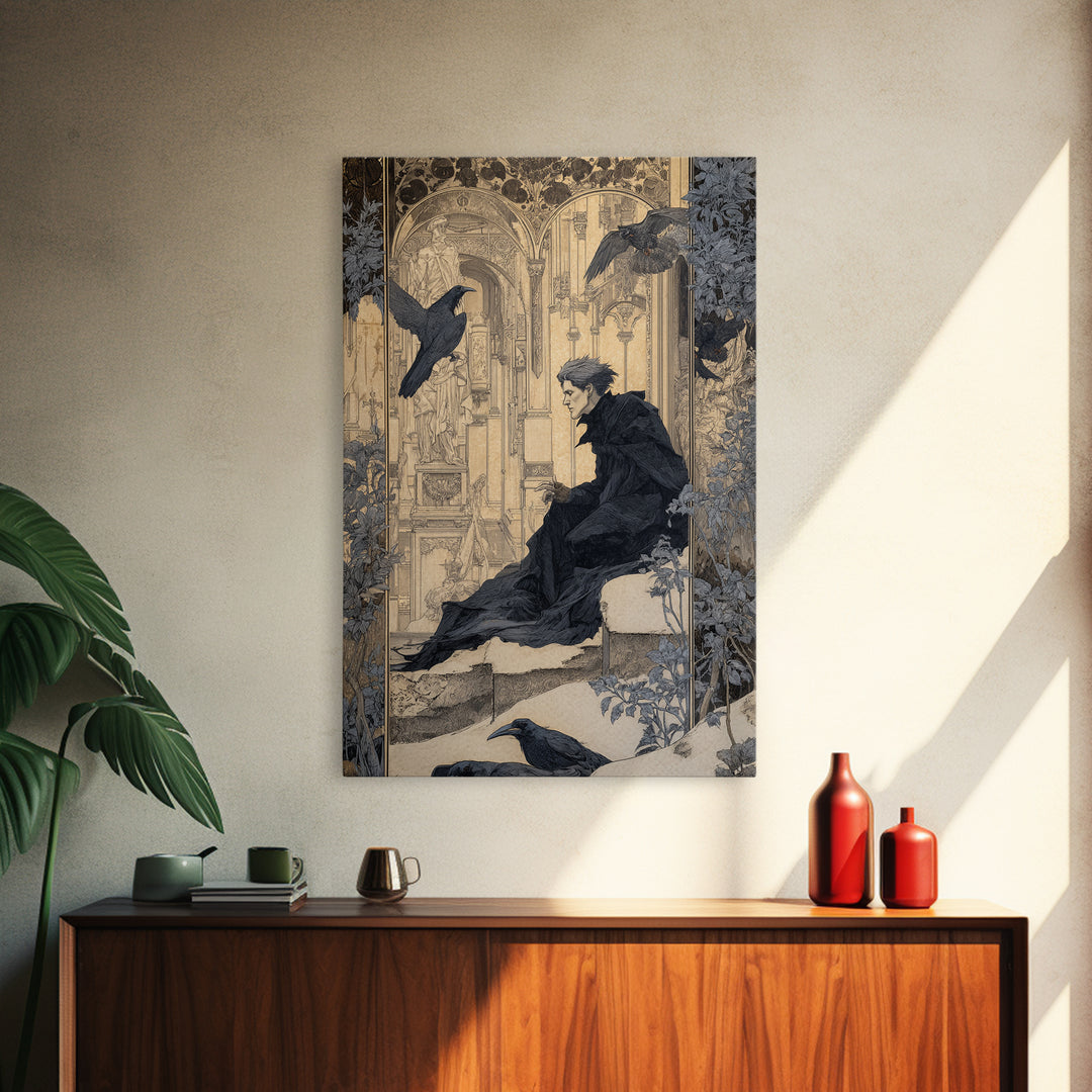 The Crow-Masked Assassin, Symbolist Death Art, Vertical Wall Art, Macabre Wall Art, Framed Canvas Print, Halloween Wall Art