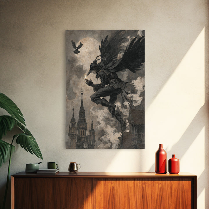 The Crow-Masked Assassin, Dark Symbolist Art, Vertical Wall Art, Macabre Wall Art, Canvas Print, Halloween Wall Art