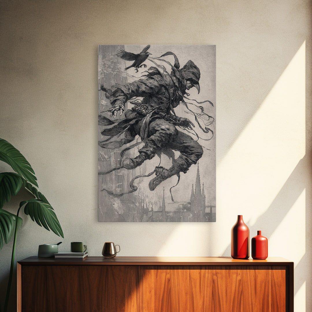 The Crow-Masked Assassin, Symbolist Etching Art, Vertical Wall Art, Dark Halloween Decor, Canvas Print, Halloween Wall Art