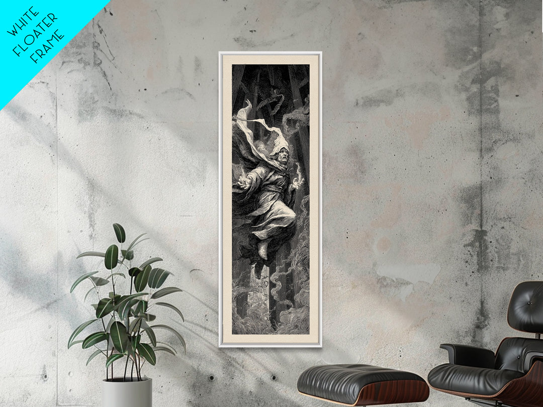 The Lantern Mage, Gothic Engraving Art, Tall Narrow Wall Art, Macabre Wall Art, Framed Canvas Print, Halloween Wall Art