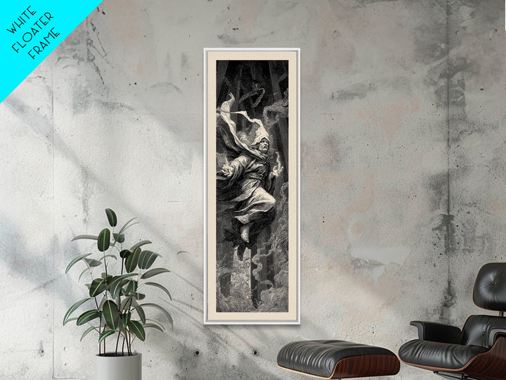 The Lantern Mage, Gothic Engraving Art, Tall Narrow Wall Art, Macabre Wall Art, Framed Canvas Print, Halloween Wall Art
