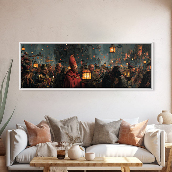The Lantern Mage, Medieval Grotesque Art, Extra Wide Wall Art, Dark Fantasy Wall Art, Canvas Print, Halloween Wall Art