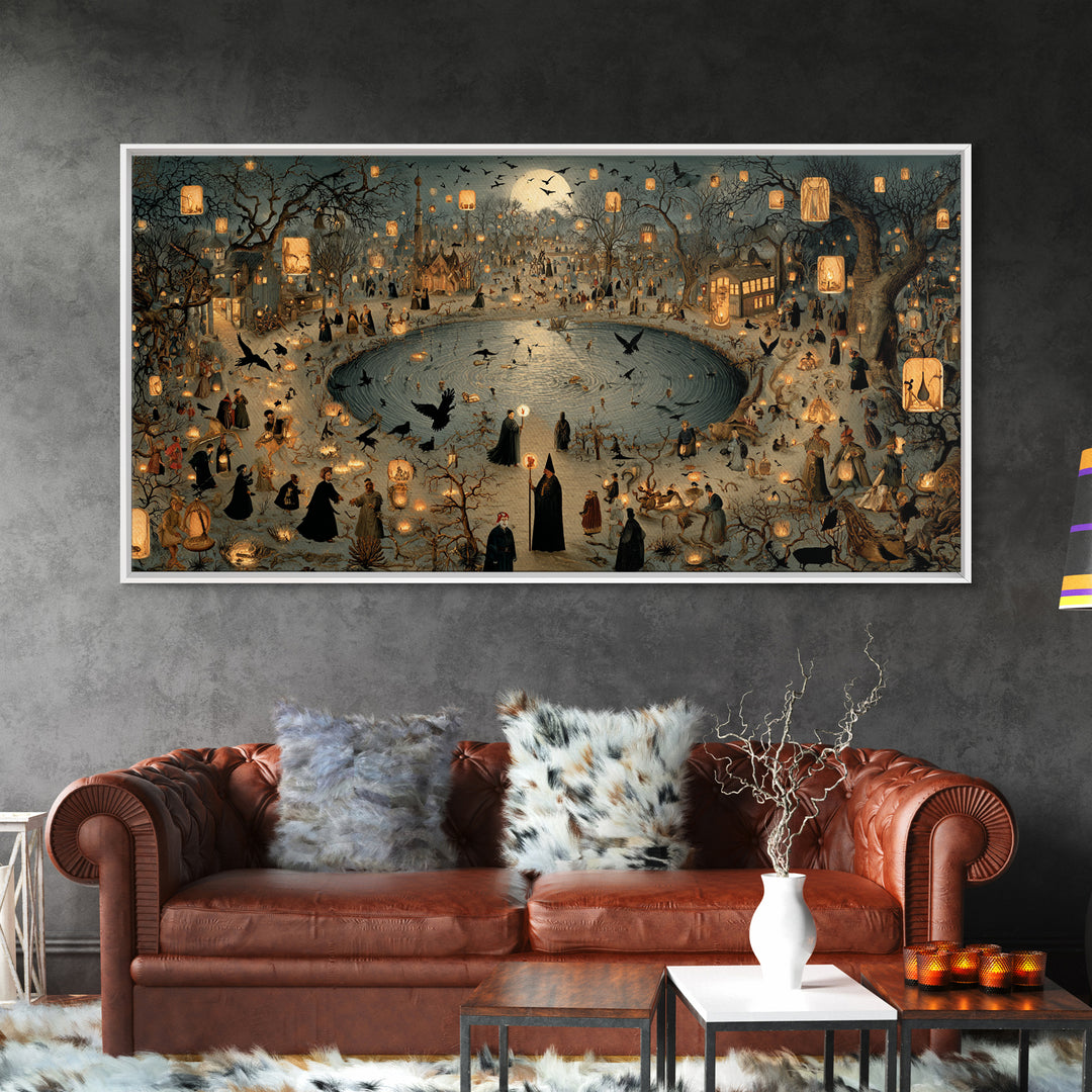 The Lantern Mage, Northern Renaissance Horror, Wide Panoramic Art, Dark Halloween Decor, Canvas Print, Halloween Wall Art