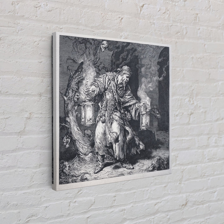 The Lantern Mage, Renaissance Engraving Art, Square Wall Art, Dark Halloween Decor, Canvas Print, Halloween Wall Art