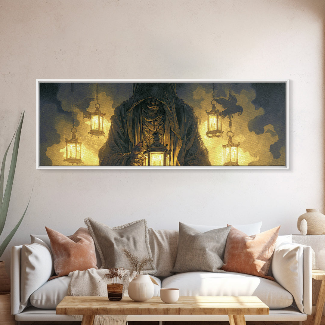 The Lantern Mage, Visionary Gothic Art, Extra Wide Wall Art, Dark Fantasy Wall Art, Framed Canvas Print, Halloween Wall Art