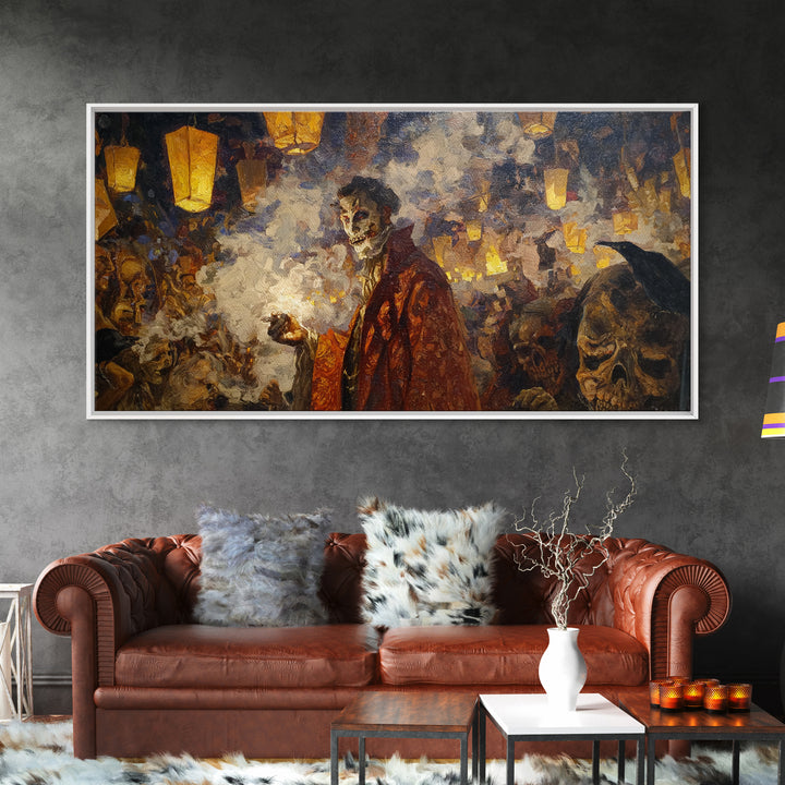 The Lantern Mage, Grotesque Carnival Art, Wide Panoramic Art, Dark Halloween Decor, Framed Canvas Print, Halloween Wall Art