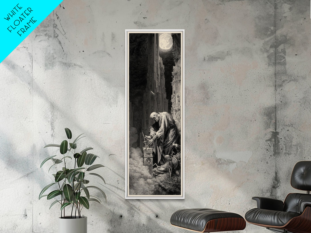 The Bone Sculptor, Gothic Engraving Art, Tall Narrow Wall Art, Dark Fantasy Wall Art, Framed Canvas Print, Halloween Wall Art