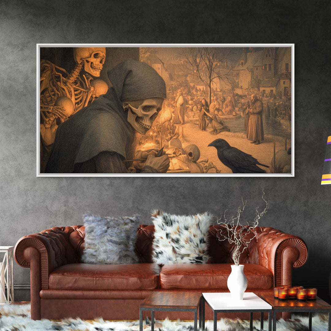 The Bone Sculptor, Northern Renaissance Horror, Wide Panoramic Art, Macabre Wall Art, Canvas Print, Halloween Wall Art