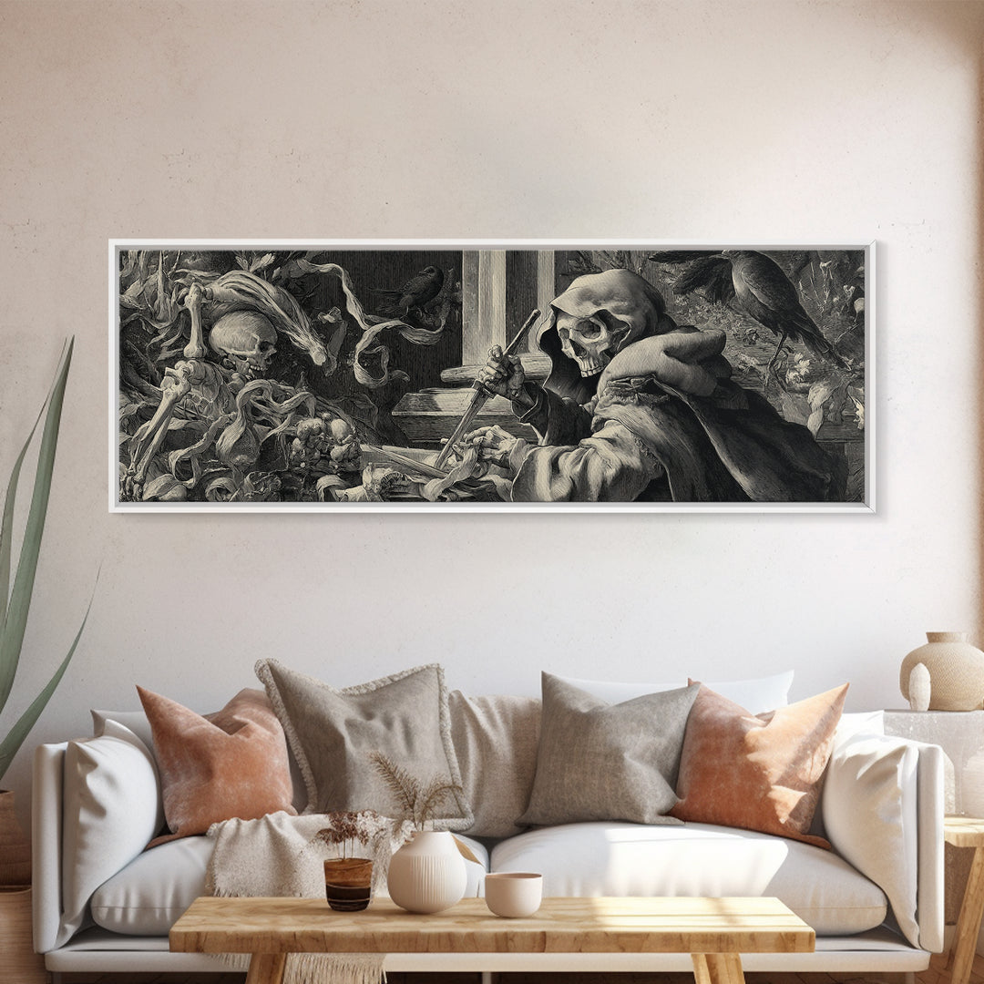 The Bone Sculptor, Danse Macabre Art, Extra Wide Wall Art, Gothic Horror Wall Art, Framed Canvas Print