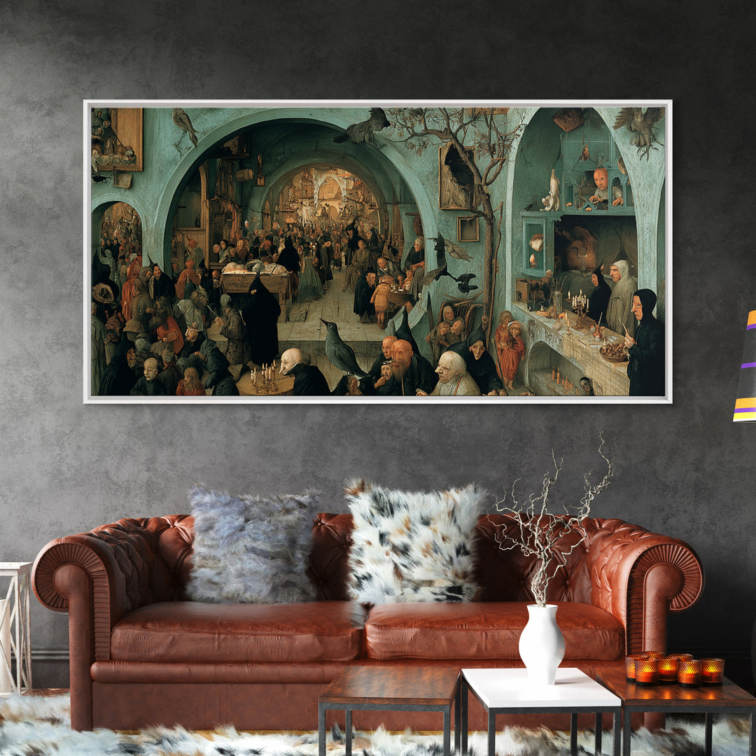 The Dream Eater, Northern Renaissance Horror, Wide Panoramic Art, Dark Halloween Decor, Framed Canvas Print, Halloween Wall Art