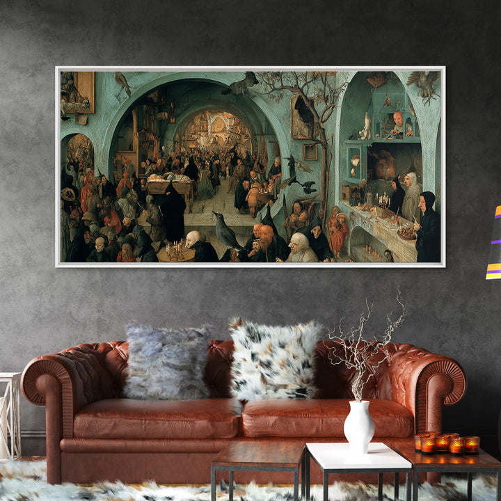 The Dream Eater, Northern Renaissance Horror, Wide Panoramic Art, Dark Halloween Decor, Framed Canvas Print, Halloween Wall Art