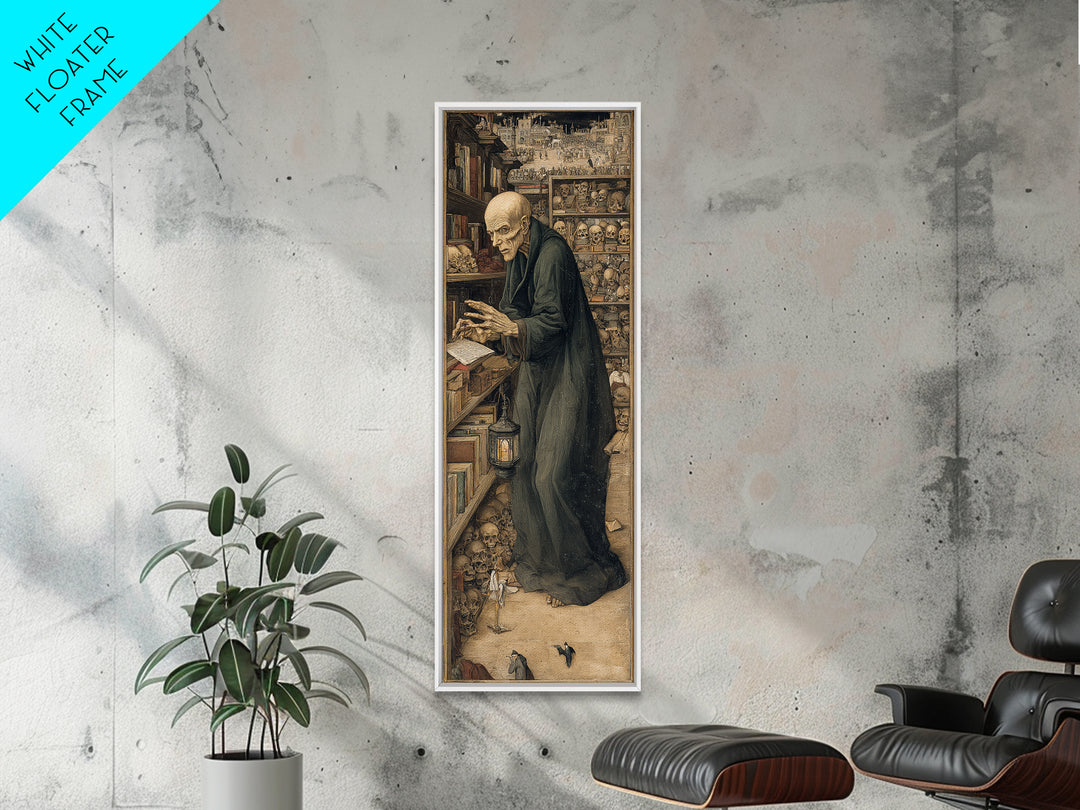 The Crypt Librarian, Northern Renaissance Horror, Tall Narrow Wall Art, Dark Fantasy Wall Art, Canvas Print, Halloween Wall Art