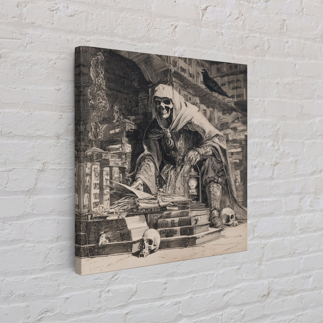 The Crypt Librarian, Renaissance Engraving Art, Square Wall Art, Dark Halloween Decor, Framed Canvas Print, Halloween Wall Art