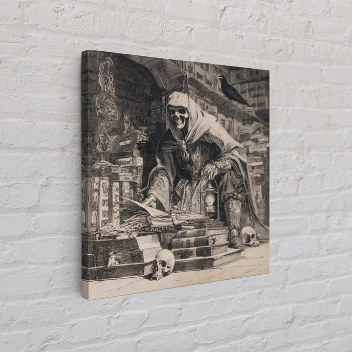 The Crypt Librarian, Renaissance Engraving Art, Square Wall Art, Dark Halloween Decor, Framed Canvas Print, Halloween Wall Art