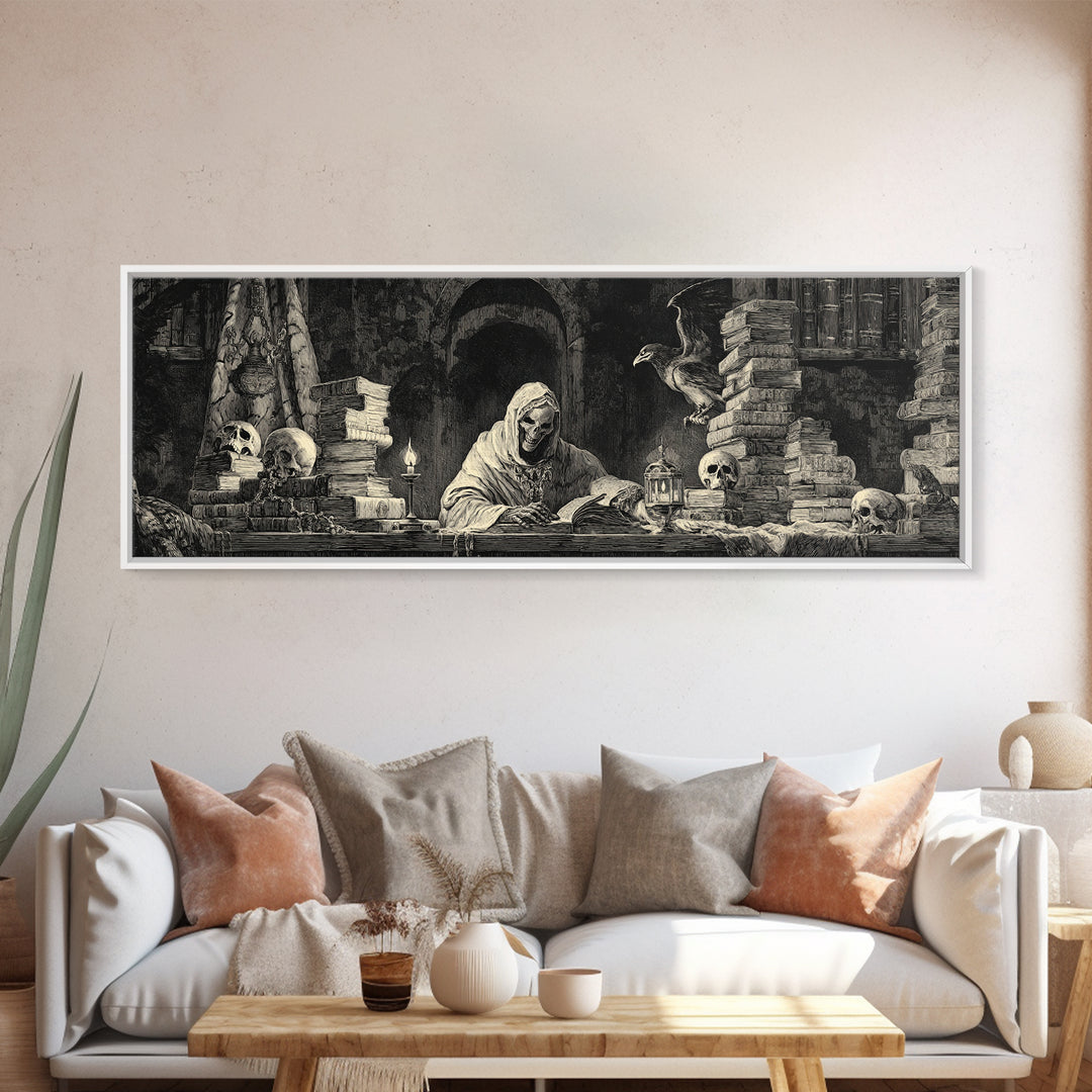 The Crypt Librarian, Dark Romantic Horror Art, Extra Wide Wall Art, Macabre Wall Art, Framed Canvas Print, Halloween Wall Art