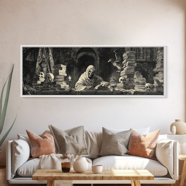 The Crypt Librarian, Dark Romantic Horror Art, Extra Wide Wall Art, Macabre Wall Art, Framed Canvas Print, Halloween Wall Art