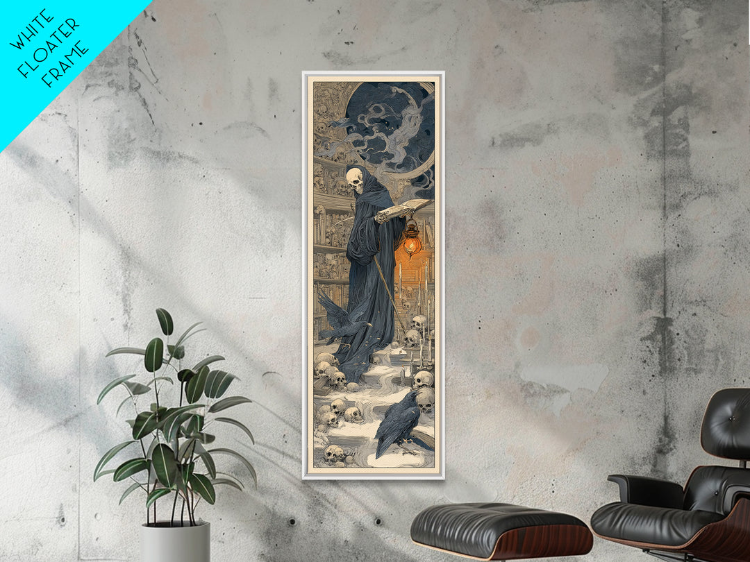 The Crypt Librarian, Symbolist Death Art, Tall Narrow Wall Art, Dark Halloween Decor, Framed Canvas Print, Halloween Wall Art