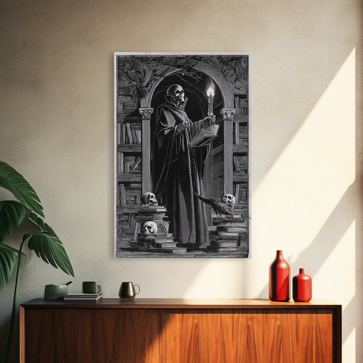 The Crypt Librarian, Symbolist Etching Art, Vertical Wall Art, Gothic Horror Wall Art, Framed Canvas Print, Halloween Wall Art