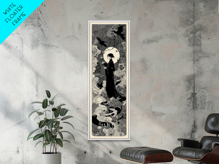 The Crypt Librarian, Decadent Line Art, Tall Narrow Wall Art, Dark Fantasy Wall Art, Framed Canvas Print, Halloween Wall Art