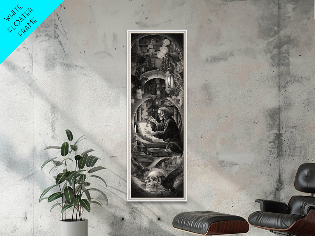 The Crypt Librarian, Biomechanical Horror Art, Tall Narrow Wall Art, Macabre Wall Art, Framed Canvas Print, Halloween Wall Art