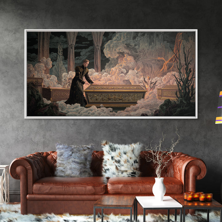 The Royal Coffin Maker, Apocalyptic Romantic Art, Wide Panoramic Art, Macabre Wall Art, Framed Canvas Print, Halloween Wall Art