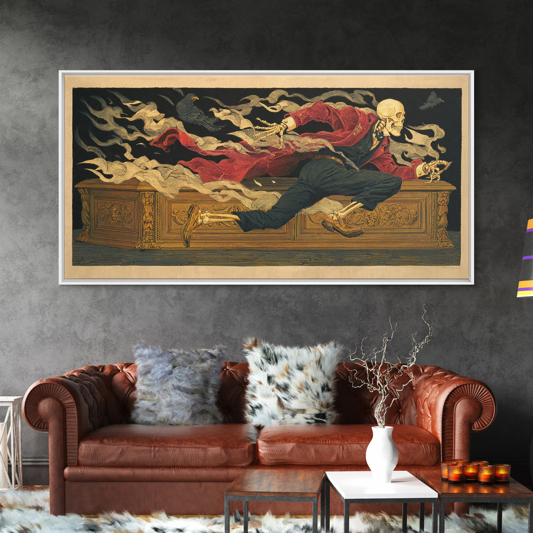 The Royal Coffin Maker, Macabre Folk Print Art, Wide Panoramic Art, Dark Halloween Decor, Framed Canvas Print, Macabre Wall Art