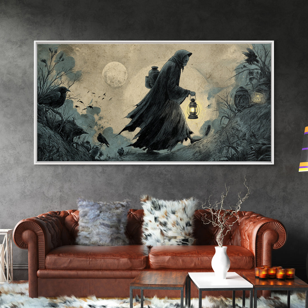 The Soul Collector, Expressionist Nightmare Art, Wide Panoramic Art, Dark Fantasy Wall Art, Framed Canvas Print, Halloween Wall Art