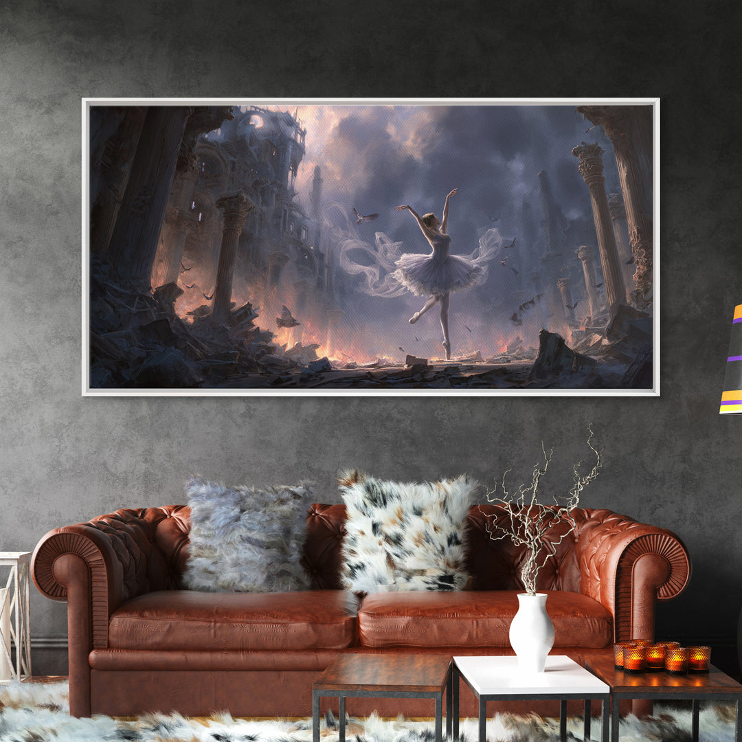 The Phantom Ballerina, Apocalyptic Romantic Art, Wide Panoramic Art, Macabre Wall Art, Framed Canvas Print, Halloween Wall Art