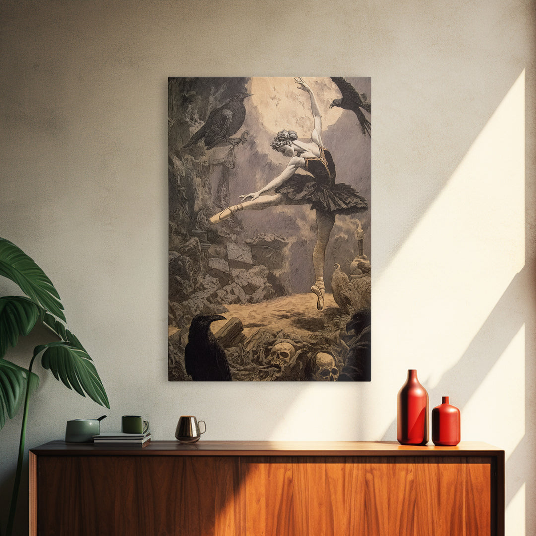 The Phantom Ballerina, Symbolist Etching Art, Vertical Wall Art, Dark Fantasy Wall Art, Framed Canvas Print, Halloween Wall Art