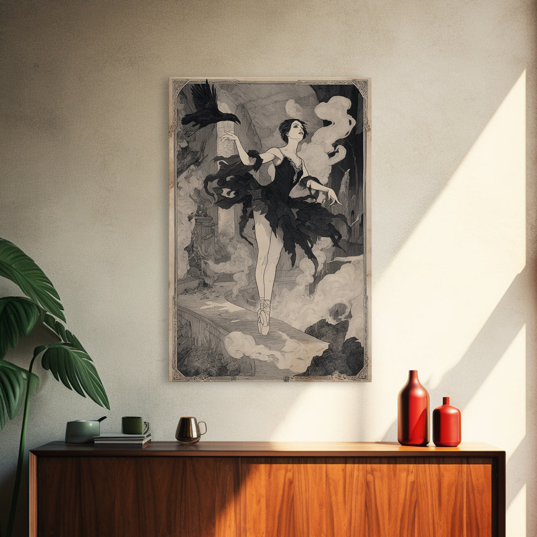 The Phantom Ballerina, Decadent Line Art, Vertical Wall Art, Dark Halloween Decor, Framed Canvas Print, Halloween Wall Art