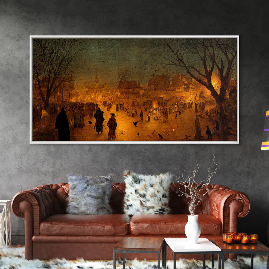 The Ghost Of The Witch Hunter, Northern Renaissance Horror, Wide Panoramic Art, Dark Fantasy Wall Art, Framed Canvas Print
