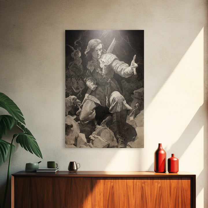 The Ghost Of The Witch Hunter, Renaissance Engraving Art, Vertical Wall Art, Macabre Wall Art, Framed Canvas Print, Halloween Wall Art
