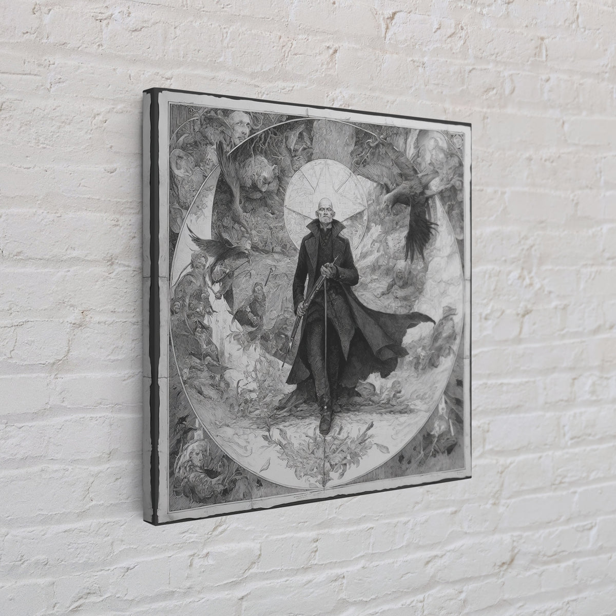 The Ghost Of The Witch Hunter, Symbolist Etching Art, Square Wall Art, Macabre Wall Art, Canvas Print, Halloween Wall Art