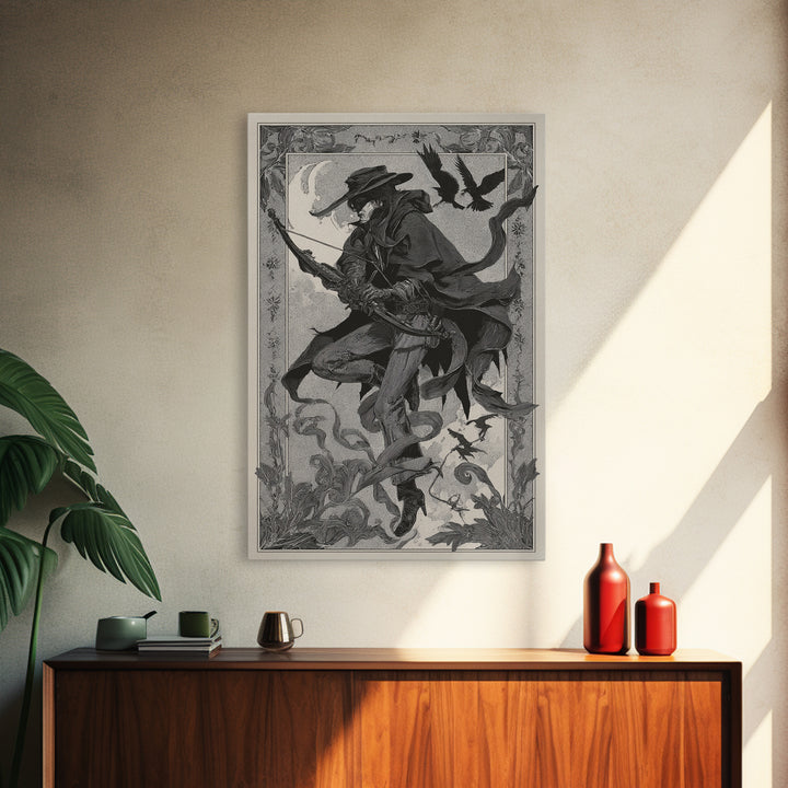 The Ghost Of The Witch Hunter, Decadent Line Art, Vertical Wall Art, Dark Halloween Decor, Framed Canvas Print, Horror Wall Art