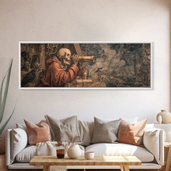 The Skull Astronomer, Medieval Grotesque Art, Extra Wide Wall Art, Dark Fantasy Wall Art, Framed Canvas Print, Halloween Wall Art