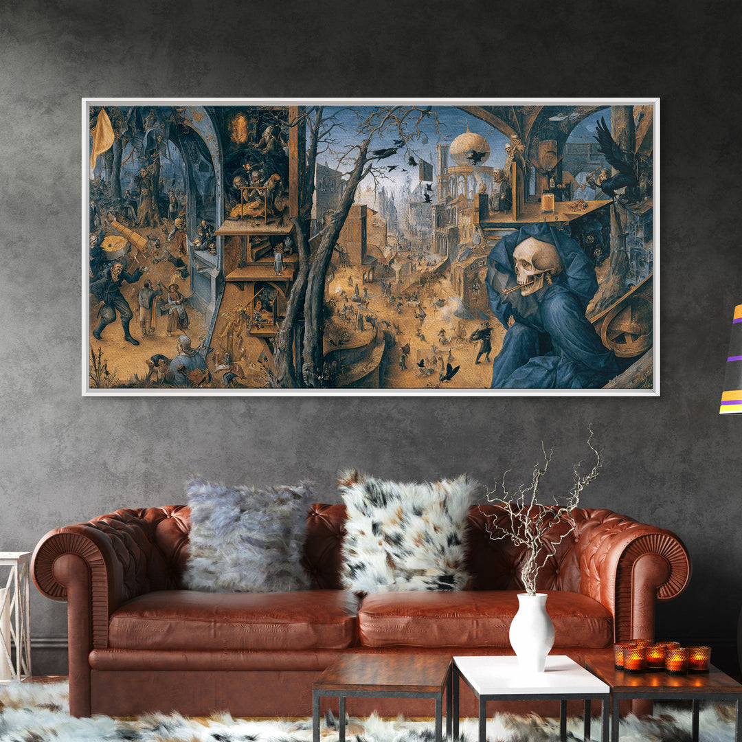 The Skull Astronomer, Northern Renaissance Horror, Wide Panoramic Art, Dark Fantasy Wall Art, Framed Canvas Print