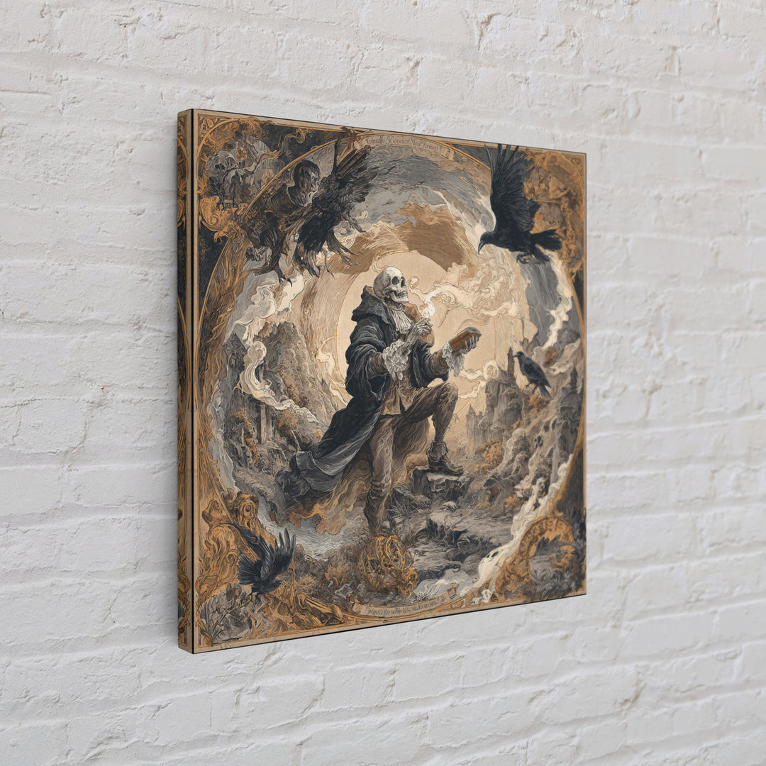 The Skull Astronomer, Baroque Witchcraft Art, Square Wall Art, Dark Fantasy Wall Art, Canvas Print, Halloween Wall Art