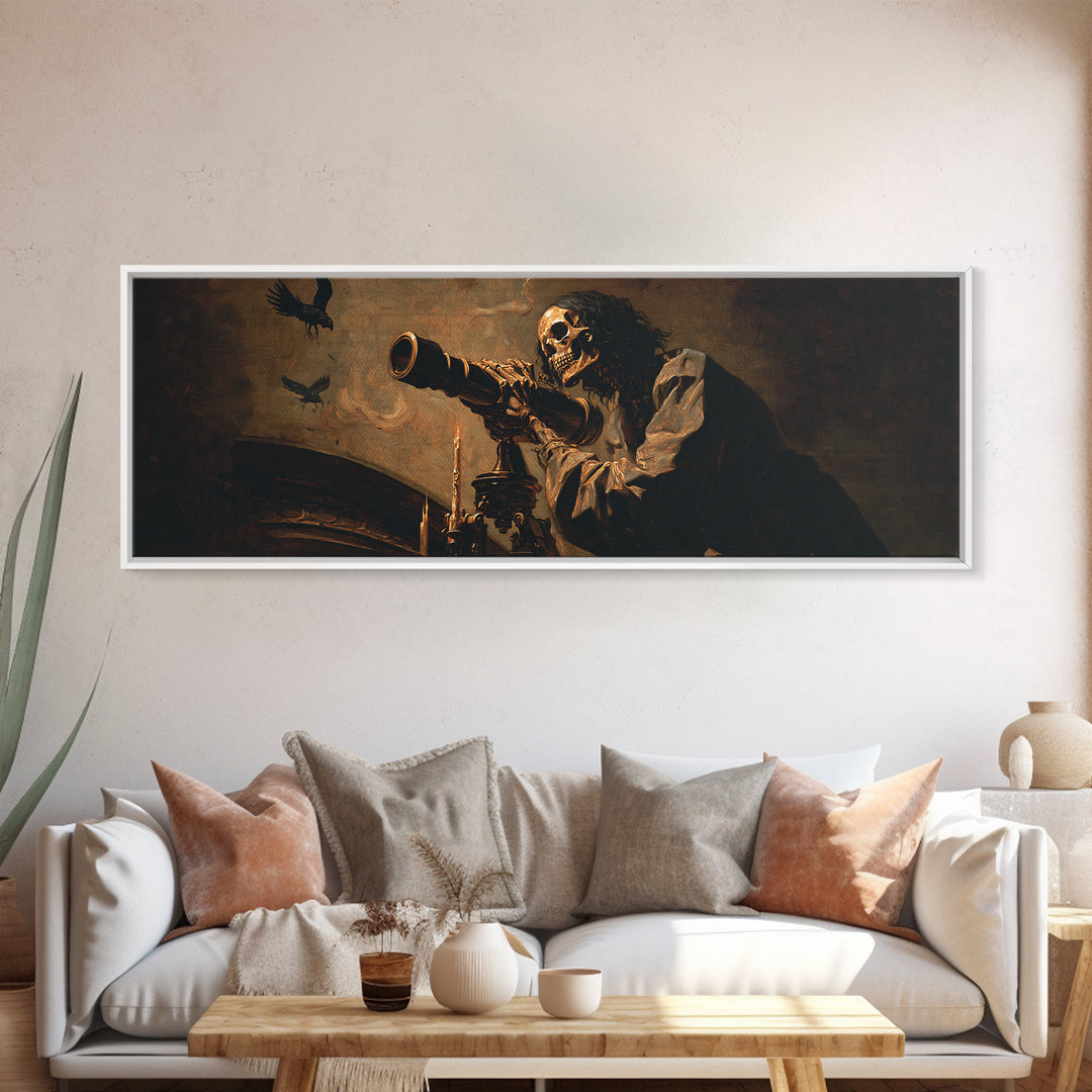 The Skull Astronomer, Dark Romantic Horror Art, Extra Wide Wall Art, Macabre Wall Art, Canvas Print, Halloween Wall Art