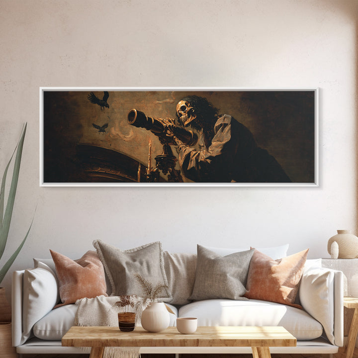 The Skull Astronomer, Dark Romantic Horror Art, Extra Wide Wall Art, Macabre Wall Art, Canvas Print, Halloween Wall Art