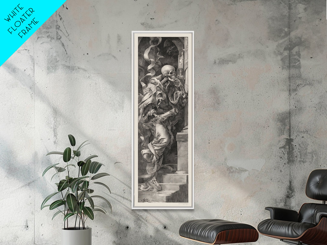 The Skull Astronomer, Architectural Etching Art, Tall Narrow Wall Art, Gothic Horror Wall Art, Framed Canvas Print