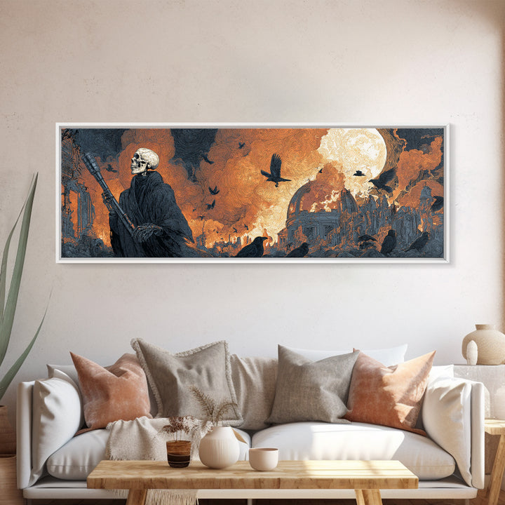 The Skull Astronomer, Apocalyptic Romantic Art, Extra Wide Wall Art, Gothic Horror Wall Art, Framed Canvas Print, Halloween Wall Art