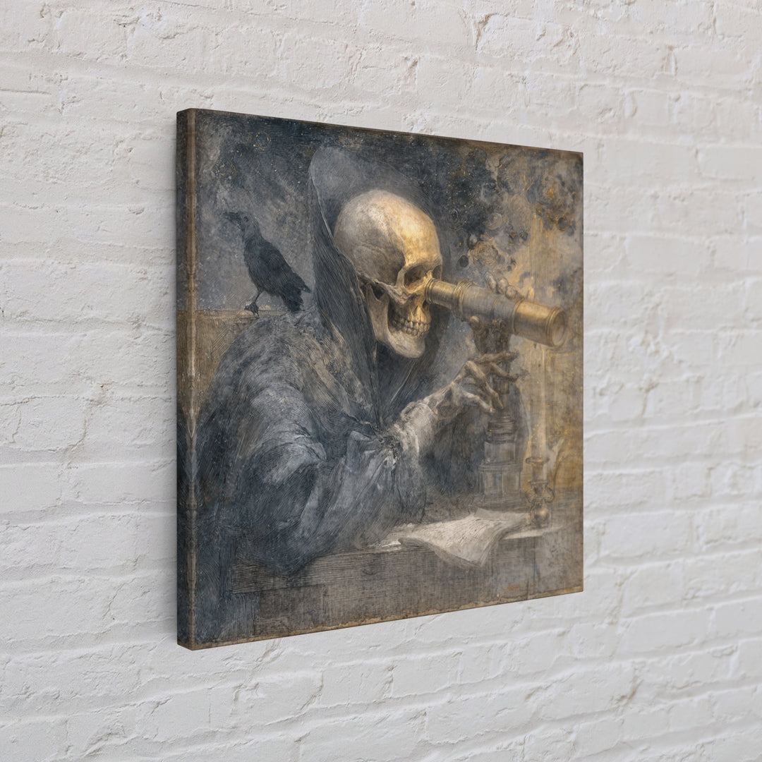 The Skull Astronomer, Symbolist Dream Art, Square Wall Art, Dark Fantasy Wall Art, Framed Canvas Print, Halloween Wall Art