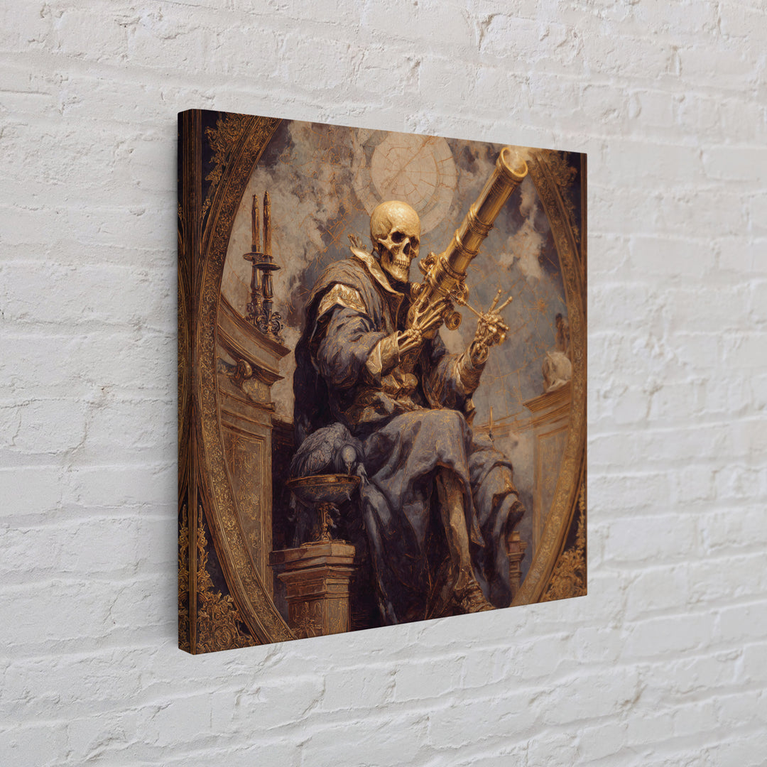 The Skull Astronomer, Ornate Symbolist Art, Square Wall Art, Macabre Wall Art, Framed Canvas Print, Halloween Wall Art