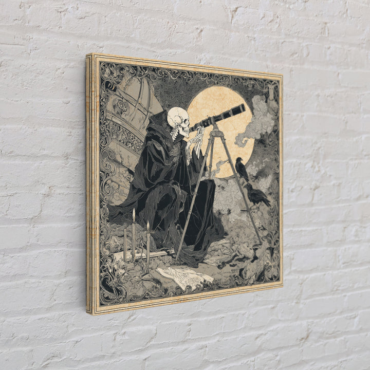 The Skull Astronomer, Decadent Line Art, Square Wall Art, Dark Fantasy Wall Art, Framed Canvas Print, Halloween Wall Art