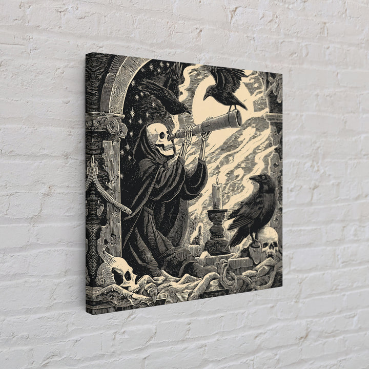 The Skull Astronomer, Macabre Folk Print Art, Square Wall Art, Gothic Horror Wall Art, Framed Canvas Print, Halloween Wall Art